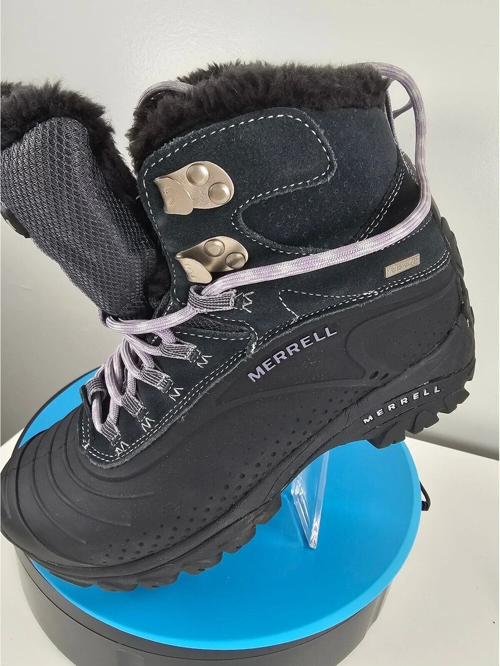Merrell Women's Winter Waterproof Hiking Boots Black/Gray with Purple Laces